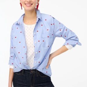 J. Crew Light Blue Button-Down Shirt with Red Heart Print